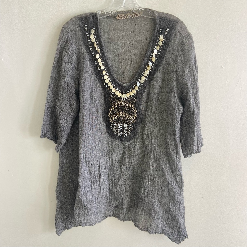Marilu Art to Wear Linen Gray Embellished Oversized‎ Tunic